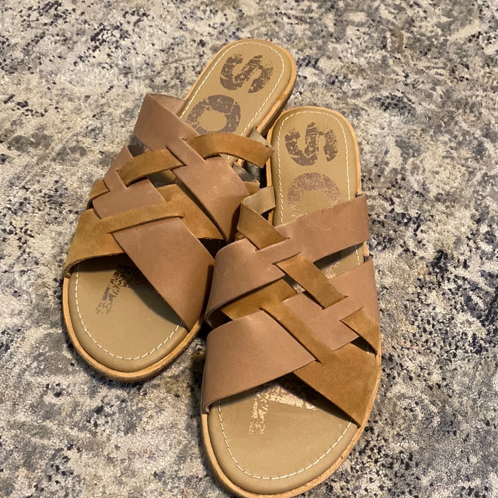 Sorel tan slip on sandal